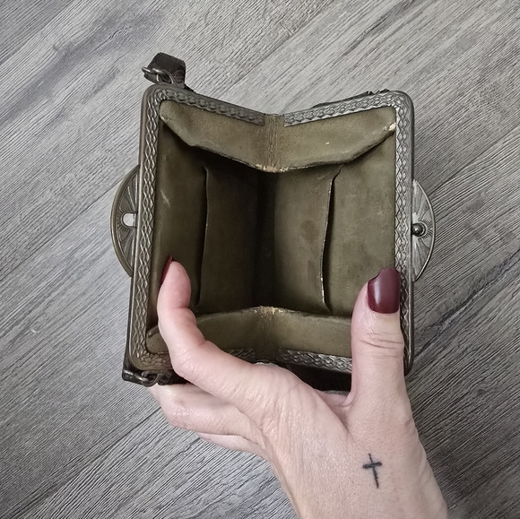 Antique Early 1900's Hand Tooled Leather Hand Bag Art Nouveau Deep Brown - Picture 12 of 13